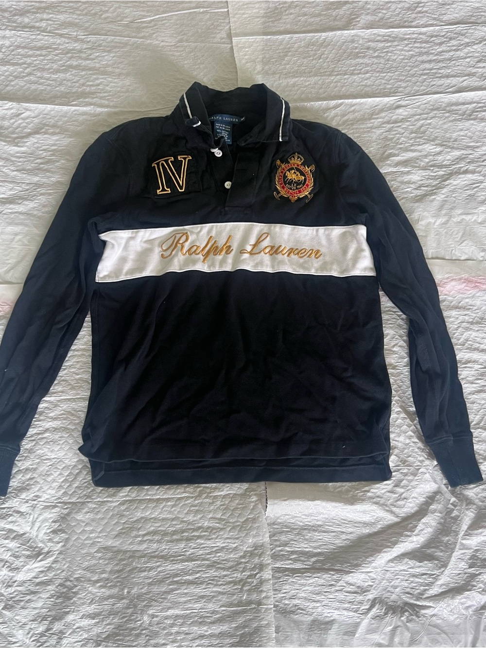 Ralph Lauren Black and White Long-Sleeve Rugby Shirt with Gold Crest